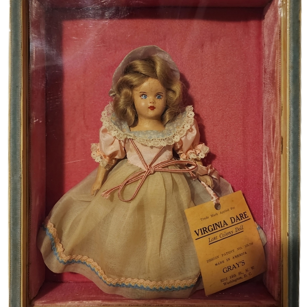 Antique Virginia Dare Lost Colony Doll Blue Eyes Blonde PinkWood Grays